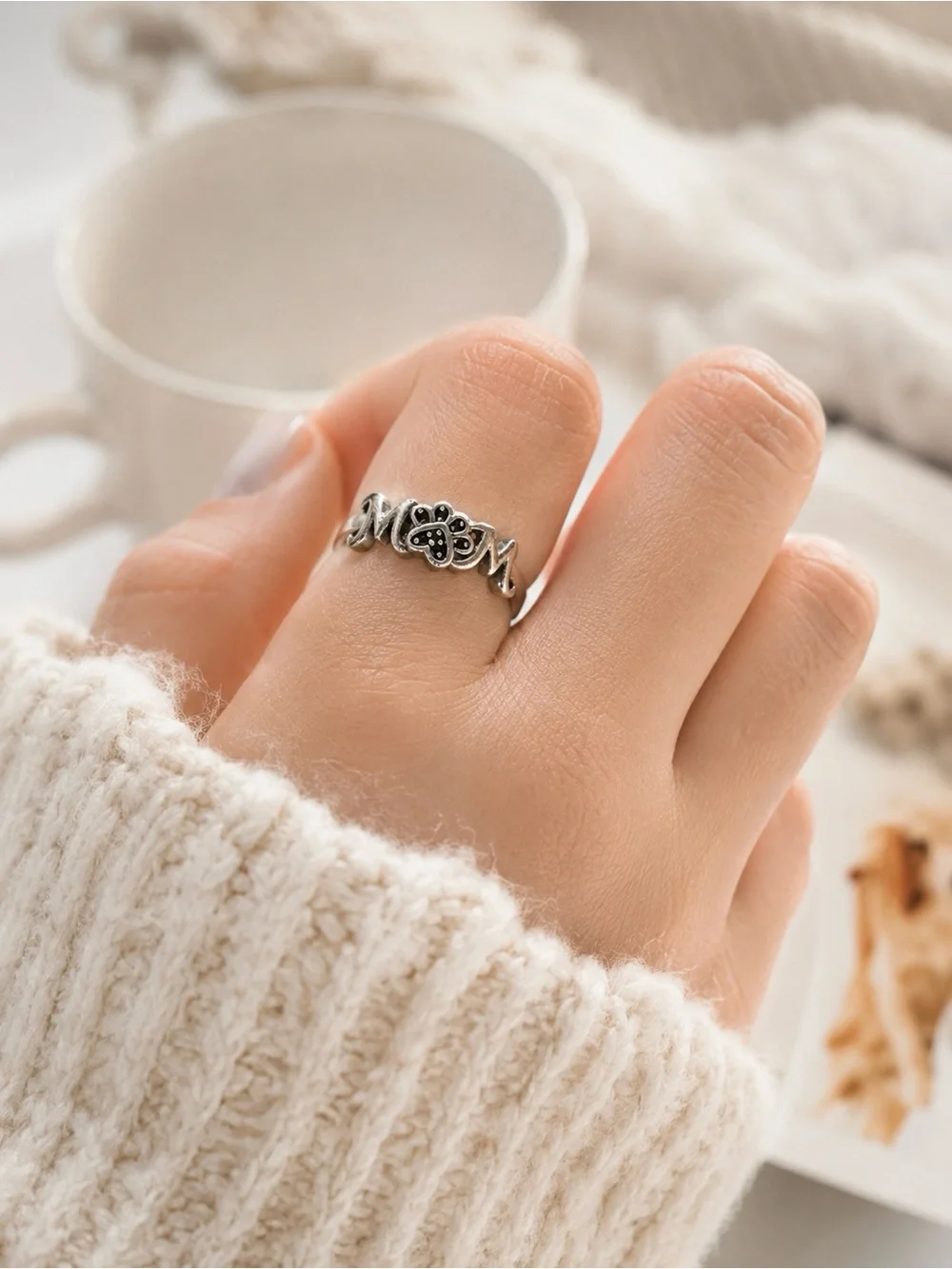 Kay Jewelers Sterling Silver Mom Paw Print Black Diamond Accent Ring Size 7
